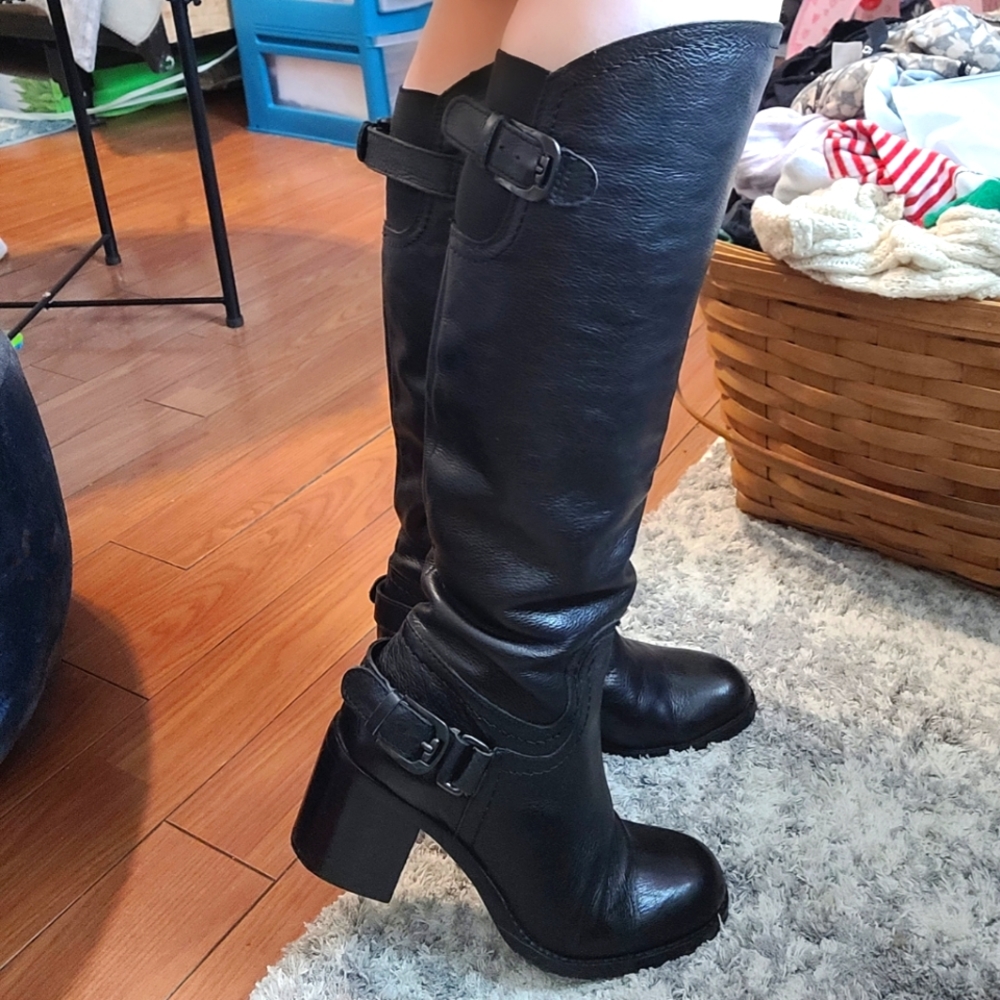 Franco Sarto black leather knee-high riding boots with buckles, size 6.5. - Picture 1 of 7